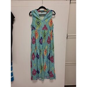 FAIRHOPE Womens Size L Maxi Dress Sleeveless‎ Blue Multi Color Print Tiered